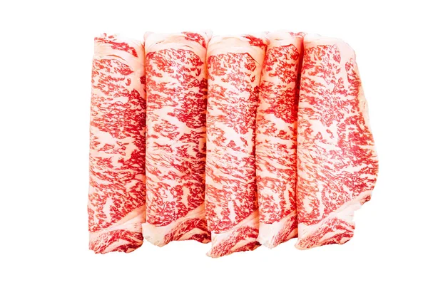 İzole Premium nadir Slice 'lar Wagyu a5 sığır eti ile yüksek Marbled doku üzerinde kare ahşap plaka sukiyaki ve Shabu için hizmet.