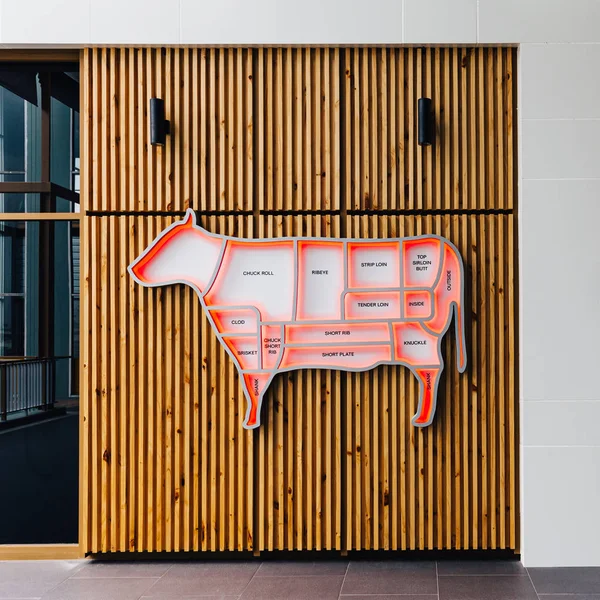 Cut of meat beef of diagram the decorated on wooden wall.