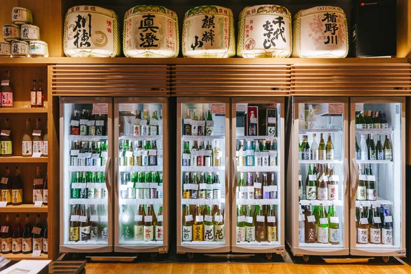 Many major and minor brands of Japanese liquors are including beer, sake, spirits and umeshu inside refrigerator in Japanese Yakitori Restaurant.