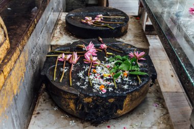 Cankamana (Cloister Walk) Lord Buddha bu platformlarda Mahabodhi tapınağında çiçeklenme Lotus ve çiçekler ile yürüyüş sırasında Bodh Gaya, Bihar, Hindistan 'da yağmur yağıyor