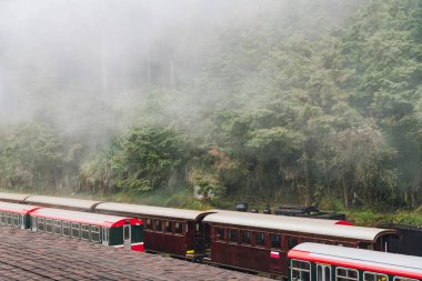 Alishan Ormanı 'ndaki kırmızı trenler, arka planda ağaçlar ve sis bulunan Zhaoping tren istasyonunda, Tayvan' ın Alishan şehrinde dururlar..