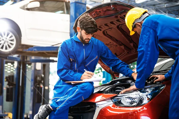 Mechanic Checking Opened Hood Car His Assistant Auto Car Repair — Stock Photo, Image