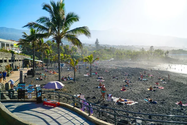 Célèbre Plage Playa Jardin Avec Sable Noir Puerto Cruz Tenerife — Photo