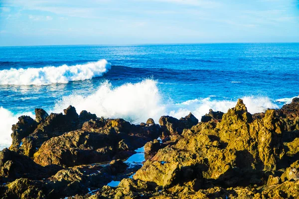 Ondas Oceânicas Quebrando Nas Pedras Vulcânicas Tenerife Monte Spray Elementos — Fotografia de Stock