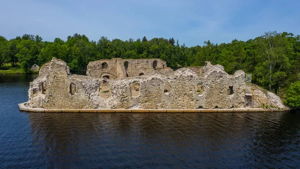 Aerial view of an old stone castle ruins in Koknese, Latvia. Summer  2019.