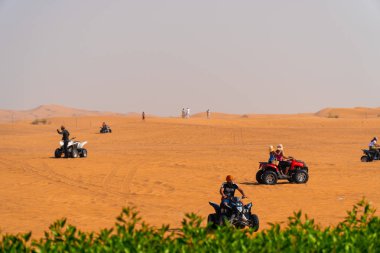Dört kiralama istasyonu Dubai yakınındaki çölde at binme. Birleşik Arap Emirlikleri, Orta Doğu