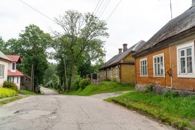 Yaz aylarında küçük bir kasaba yolu boyunca bisiklet iterek yaşlı bir kadının arka görünümü