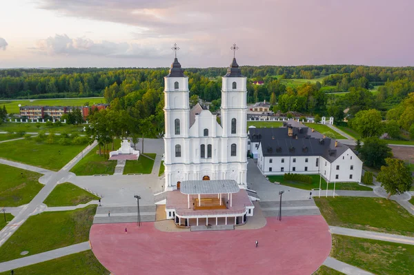 Beautiful Aerial View Drone White Chatolic Church Basilica Latvia Aglona — стоковое фото