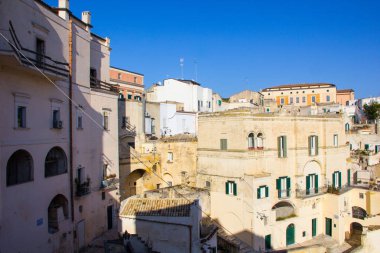 Matera, İtalya: İtalya 'nın Matera kentine tarihi binalarla panoramik manzara. Unesco miras sitesi