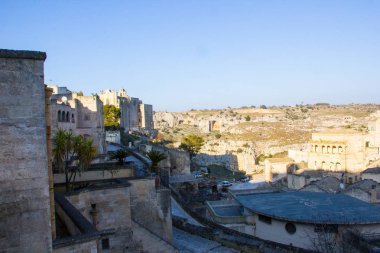 Matera, İtalya: İtalya 'nın Matera kentine tarihi binalarla panoramik manzara. Unesco miras sitesi