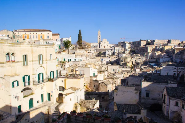 Matera Olaszország Panorámás Kilátás Olaszországi Matera Városára Történelmi Épületekkel Unesco — Stock Fotó