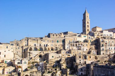 Matera, İtalya: İtalya 'nın Matera kentine tarihi binalarla panoramik manzara. Unesco miras sitesi