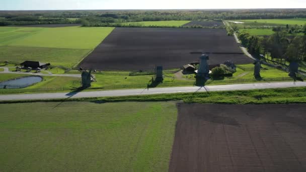 Piękne Panoramiczne Wideo Lotnicze Latającego Drona Letnie Pola Wiatraki Angli — Wideo stockowe