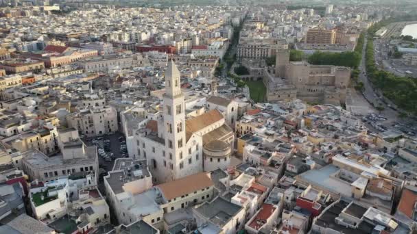 Beautiful Panoramic Aerial Video Flying Drone Sunset Bari Old Town — Stock Video