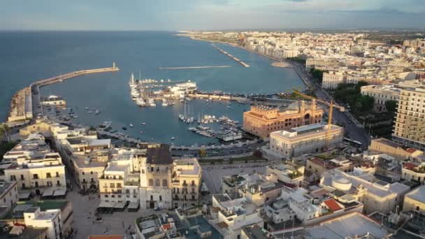 Beautiful Panoramic Aerial Video Flying Drone Sunset Bari Apulia City — Stock Video