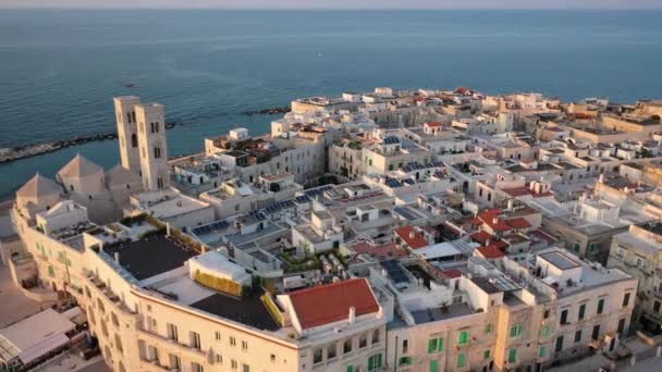 美丽的全景航空4K视频 来自与老大教堂圣科拉多 韦奇奥 港口与船只和游艇以及摩尔费塔市日落一起在摩尔费塔海滨的无人驾驶飞机 意大利Apulia — 图库视频影像