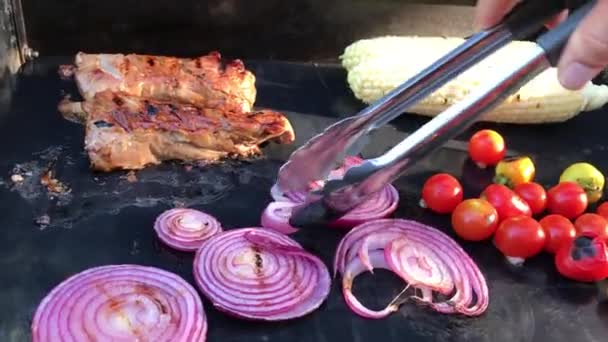 Grillfleisch Und Gemüse Auf Dem Grill Mit Grillmatten — Stockvideo