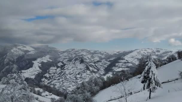Paisaje Invierno Pueblo Parva Transilvania Ramas Arbol Cargados Con Nieve — Vídeos de Stock