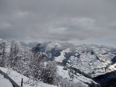  Romanya, Trasilvania, Parva köyünde karla kaplı ağaçlar ile Karpat dağlarında güzel kış manzara.