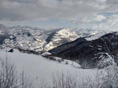 Güzel bir kış manzarası. Romanya, Trasilvania, Parva köyünde karla kaplı Karpat dağlarında Kabin.