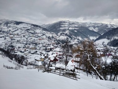 Transilvanya Romanya parva köyünde dağ evleri ve ağaçlar ile kış sezonunda. Kış manzaraları