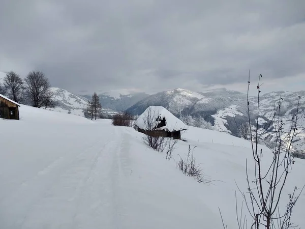 Nice winter landscape. Cabin in the Carpathian mountains covered with snow in Romania, Trasilvania, village of Parva.