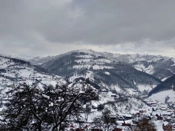 Transilvânia Romênia Temporada Inverno Com Casas Montanha Árvores Aldeia Parva — Fotografia de Stock