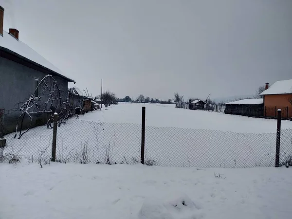 在罗马尼亚 冬季的风景 山林繁茂 乡村的雪地覆盖着乡村 — 图库照片