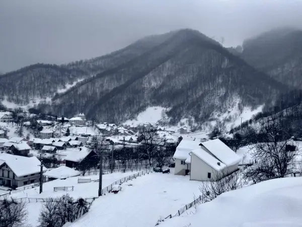Vinterlandskap Med Berg Och Träd Byhus Lantlig Snö Rumänien Transsylvanien — Stockfoto