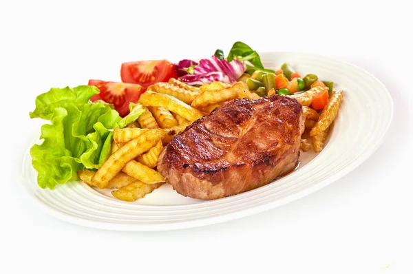 Gegrilltes Schweinesteak Mit Pommes Isoliert Auf Weißem Hintergrund — Stockfoto