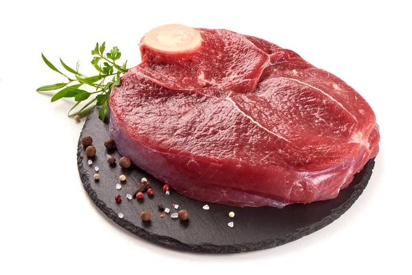 Frisches Rohes Rindfleisch Mit Knochen Für Steak Auf Steinteller Isoliert — Stockfoto