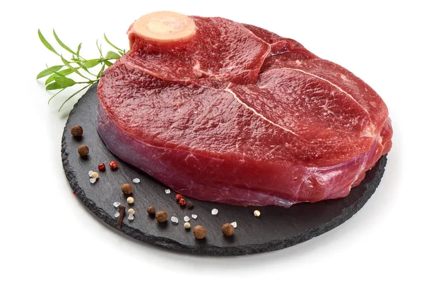 Frisches Rohes Rindfleisch Mit Knochen Für Steak Auf Steinteller Isoliert — Stockfoto