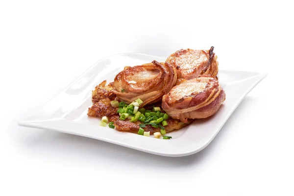 Fläskfilé Insvept Bacon Isolerad Vit Bakgrund — Stockfoto