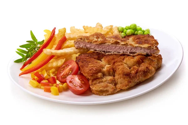 Wiener Schnitzel Mit Pommes Frites Isoliert Auf Weißem Hintergrund — Stockfoto