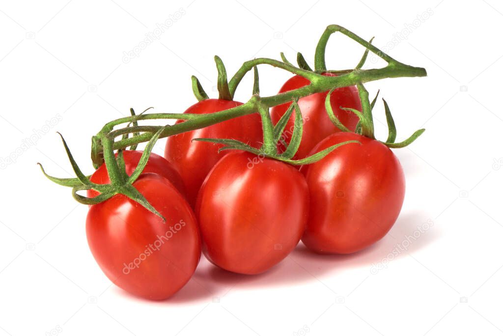 Ripe fresh cherry tomatoes on branch, isolated on white background