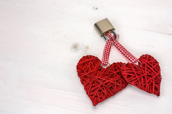 Two Red Hearts Locked Padlock White Wooden Background Valentines Day — Stock Photo, Image