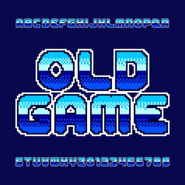 Eski oyun alfabe yazı tipi. Piksel degrade harfler ve sayılar. Retro 80 's arcade oyun yazı.