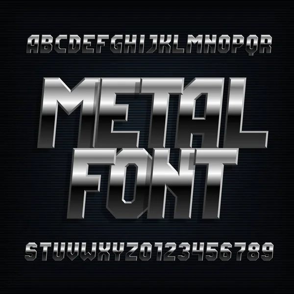 Caratteri Alfabetici Metal Effetto Cromo Lettere Oblique Numeri Simboli Tipo — Vettoriale Stock
