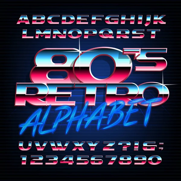 80S Retro Alfabet Lettertype Metallic Effect Schuine Letters Cijfers Voorraad — Stockvector