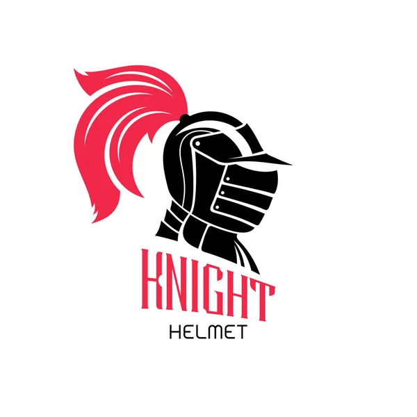 騎士のヘルメットのロゴのテンプレートです 白い背景上のテキストと黒と赤の色のベクトル紋章 — ストックベクタ