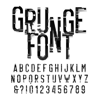 Grunge alfabe yazı tipi. Sıkıntılı türü harf ve rakam beyaz arka plan üzerinde. Tasarımınız için vektör yazı tipi.