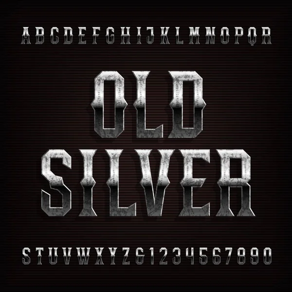 Oude Zilveren Alfabet Lettertype Vintage Metaal Met Patina Letters Cijfers — Stockvector