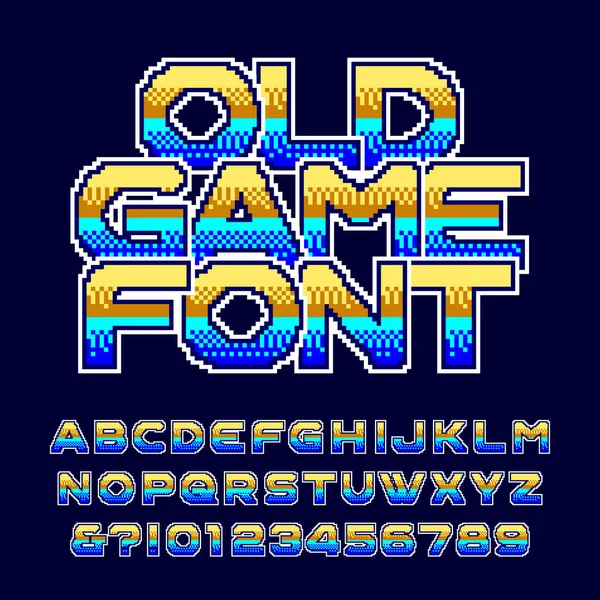 古いゲームのアルファベットのフォントです ピクセル グラデーション文字と数字 年代アーケード ゲーム書体 — ストックベクタ