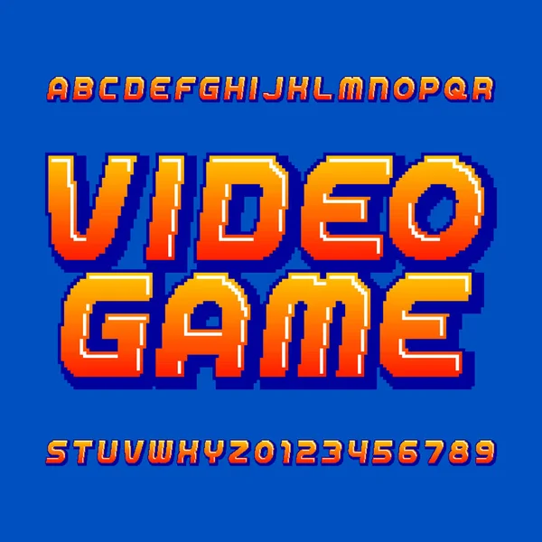 Retro Computer Spel Alfabet Lettertype Pixel Verlopende Schuine Letters Cijfers — Stockvector