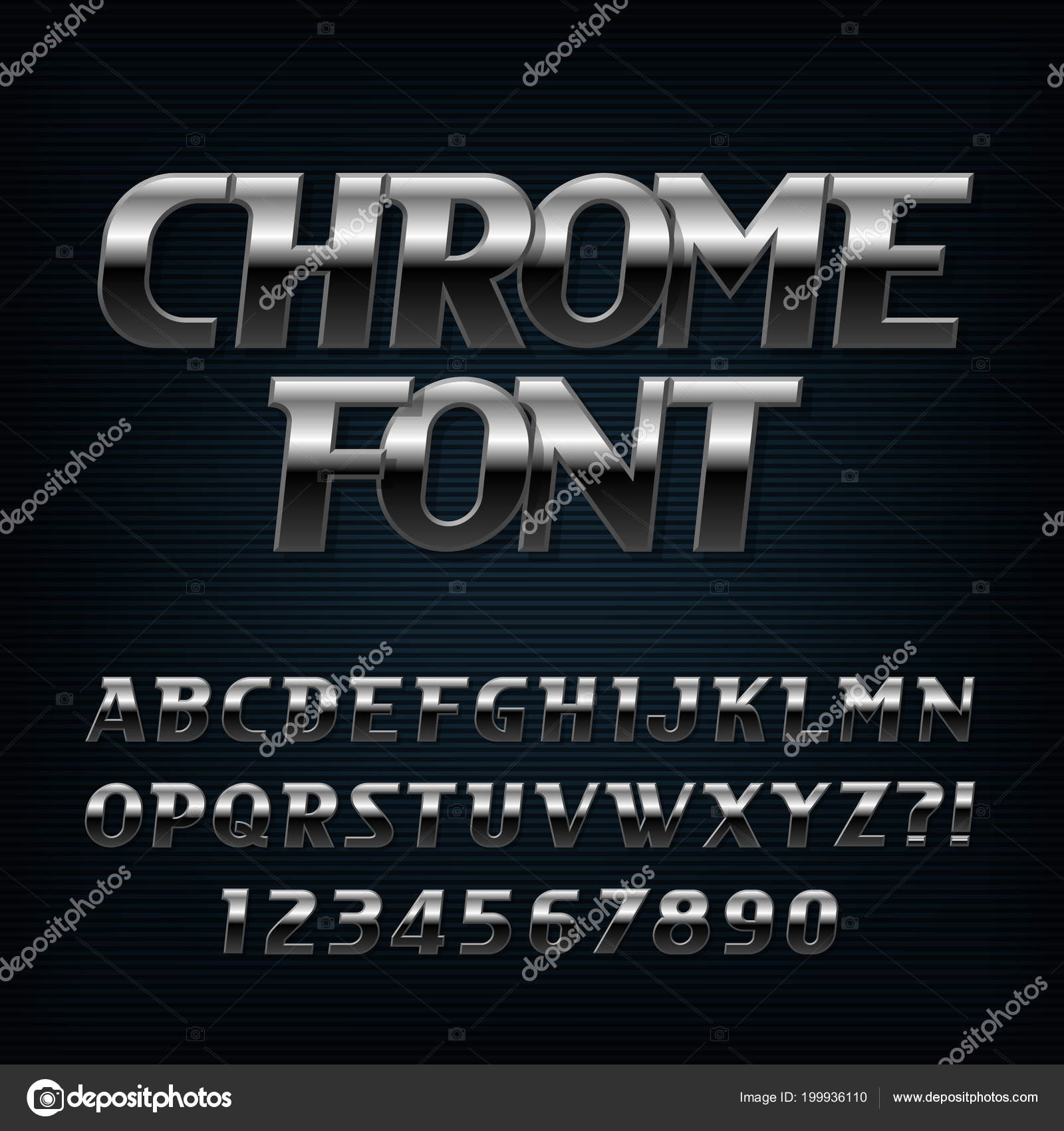 Chrome, steel or silver letters and numbers vector alphabet. Metallic  typeface, font Stock Vector