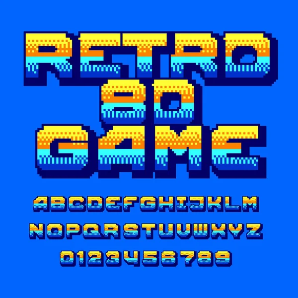 复古80电脑游戏字母字体 彩色像素渐变字母和数字 街机视频游戏排版 — 图库矢量图片