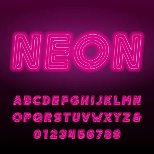 粉红色的霓虹灯管字母字体 霓虹灯颜色粗体斜字母和数字 用于设计的复古矢量字体 — 图库矢量图片
