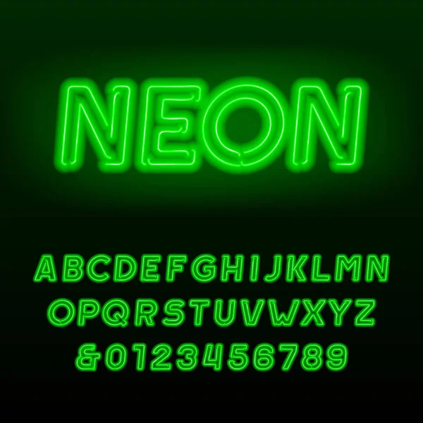 Caratteri Alfabetici Verdi Neon Tube Lettere Numeri Obliqui Colore Neon — Vettoriale Stock
