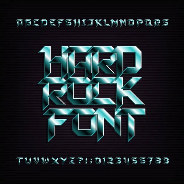 Hard rock alfabe yazı tipi. Eğimli metal etkisi harfler, sayılar ve simgeler. Tasarımınız için hisse senedi vektör yazı tipi.