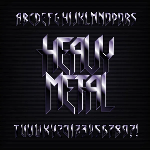 Heavy metal alfabe yazı tipi. Metal etkisi parlak harfler, sayılar ve simgeler. Tasarımınız için hisse senedi vektör yazı tipi.